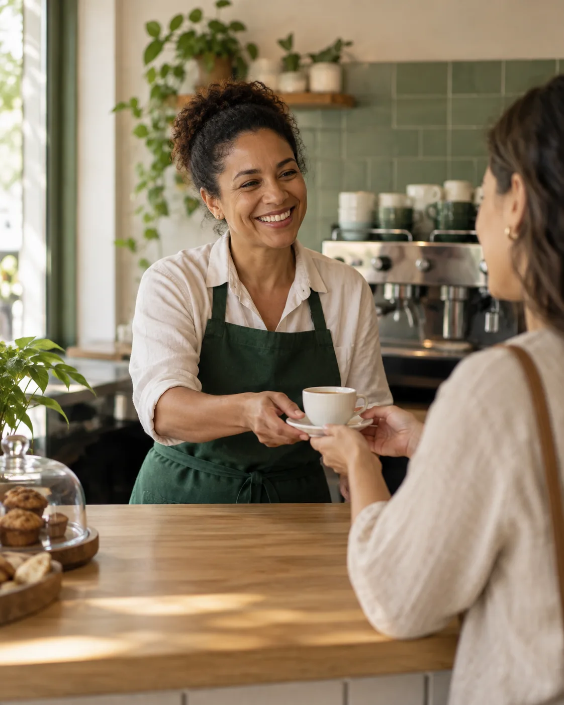 Dona de um café entrega uma xícara a uma cliente durante uma conversa no balcão.